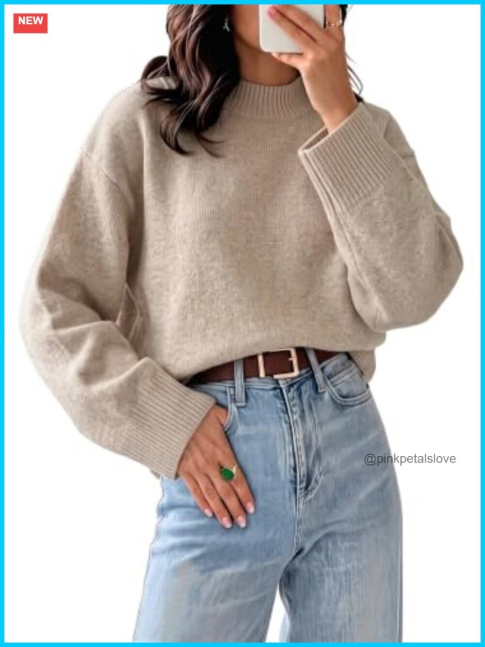 Oversized Mock Neck Knit Pullover Sweater Batwing Long Sleeve